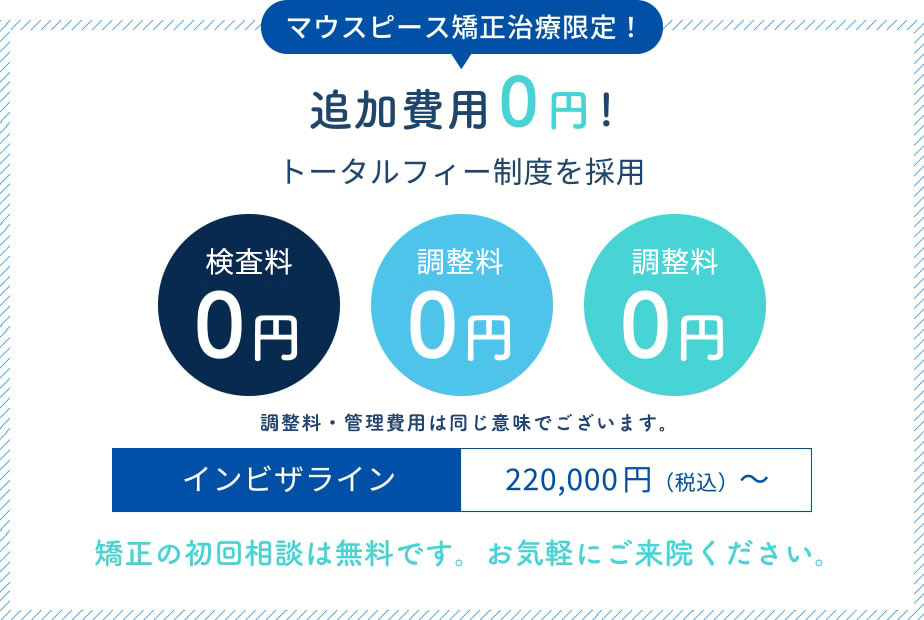 追加費用0円! トータルフィー制度を採用 矯正の初回相談は無料です。お気軽にご来院ください。